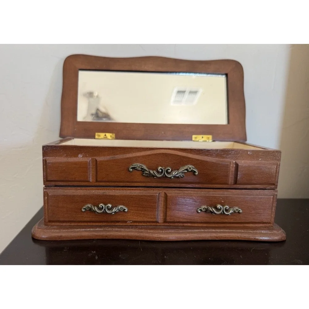 Vintage Wooden Velvet Lined Jewelry Box Drawers Mirror Inside Lid 4 x 5 x 10